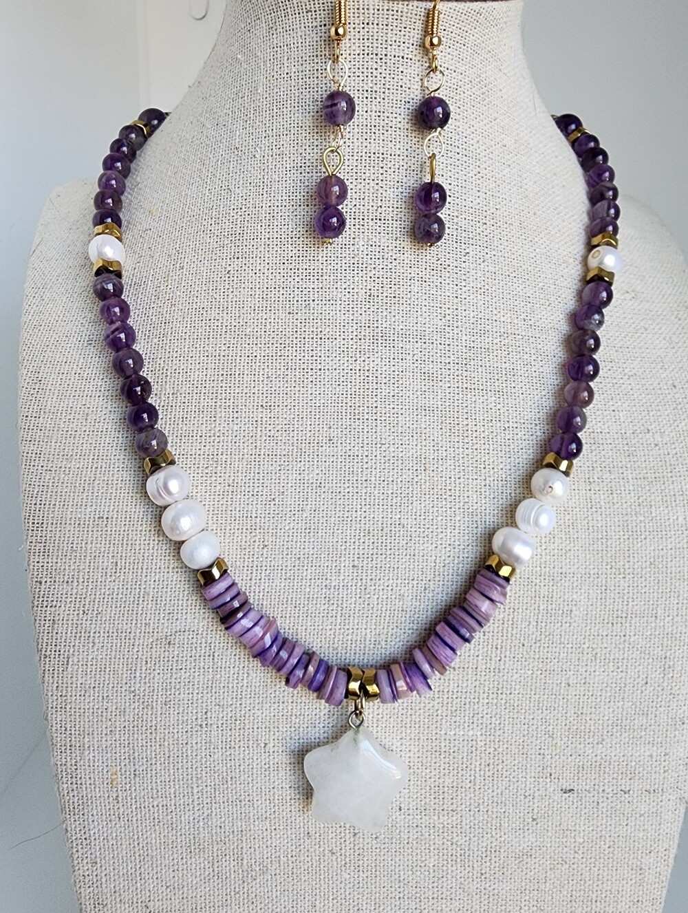 Amethyst Pearl & White Quartz Star Pendant Necklace Set 18" + 5" Ext